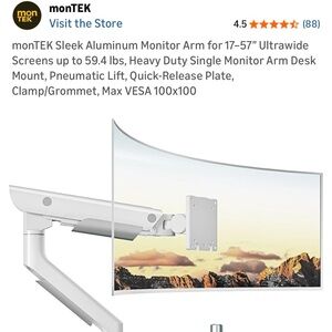 Montek White Aluminum Monitor Arm for 17–57" Screens support up to 59 lbs. New.
